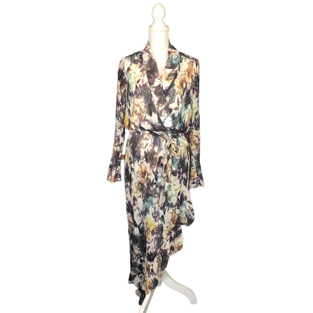 TJD Floral Print Wrap Dress Asymmetrical Hem Long Sleeve‎ Small